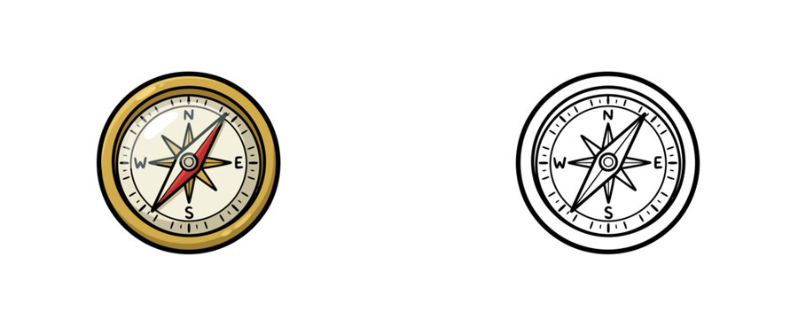 Vintage navigation compass in flat colored and line black outline cartoon vector illustration styles featuring golden dial and red needle isolated on white background