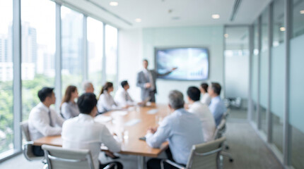 Obraz premium Business professionals in white shirts presenting data during corporate boardroom meeting with copy space