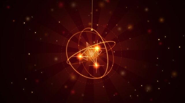 Abstract glowing golden atom model with light particles on a dark red background 4k Motion Video