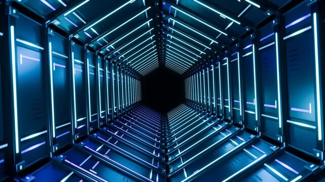 Futuristic Neon Tunnel Loop with Glowing Blue and Violet Light, Deep Perspective, Geometric Symmetry, Cyberpunk Technology Corridor, Immersive Digital Science Fiction Passage and Dramatic