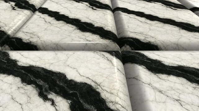 Minimal Cinematic Movement Over Panda White Marble Tiles with Beautiful Angled Lighting, Detailed Veining, Polished Reflections and Refined Architectural Composition