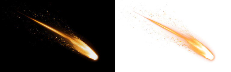 Bright Orange Meteor with Curved Forked Flame Tail and Sparks on Transparent Background © SHELEKHOVA