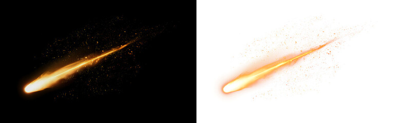 Fast White Hot Meteor with Two Golden Flame Streaks and Sparks on Transparent Background © SHELEKHOVA