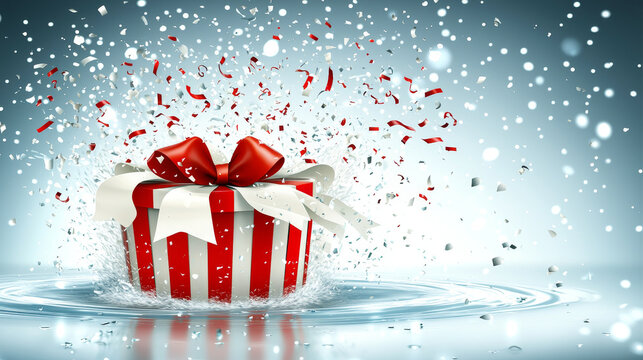 Red gift box white ribbon festive confetti water splash celebration holiday birthday surprise cheerful hyper realistic background