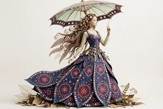 Pakistani Sindhi Ajrak Leaf Dress Art - Traditional Ajrakh Block Print Botanical Collage