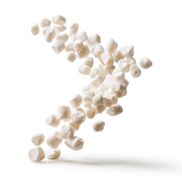 White chickpeas suspended in mid-air against a white background, highlighting their texture and shape in a dynamic arrangement.