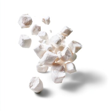 A cluster of white, fluffy marshmallows appears to be floating or falling against a white background, casting soft shadows below.