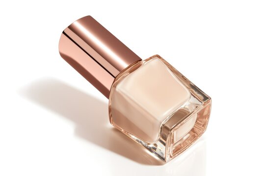 A sleek, square glass nail polish bottle with a rose gold cap, filled with nude-colored polish, casting a soft shadow on a white surface.