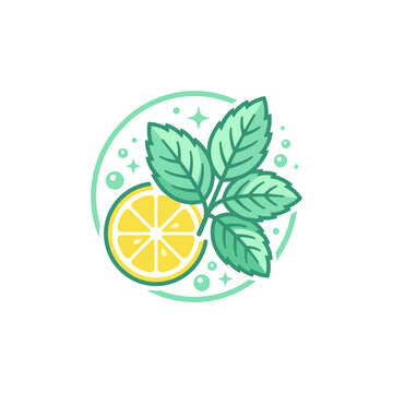 Mint leaves with lemon slice in a circular flat vector design