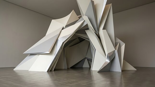 Abstract architectural sculpture made of stacked white panels displayed in a minimalist art gallery exhibition space