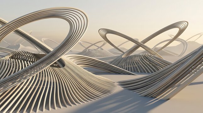 Futuristic abstract architectural structures with intricate curved patterns set against a soft hazy desert landscape background