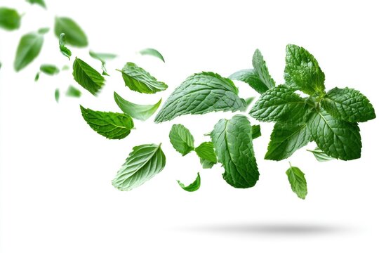 Fresh green mint leaves appear to be floating and swirling against a white background in a dynamic and vibrant composition.