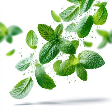Fresh green mint leaves floating against a white background, highlighting their texture and vibrant color.