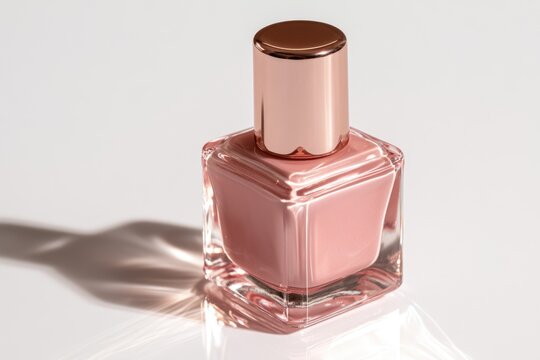 A stylish square glass bottle of muted pink nail polish with a shiny rose gold cap casting a soft shadow on a white surface.