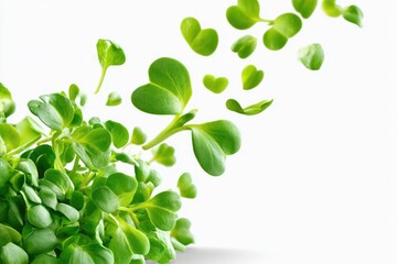 Obraz premium Fresh green microgreens with heart-shaped leaves sprouting and floating against a white background.