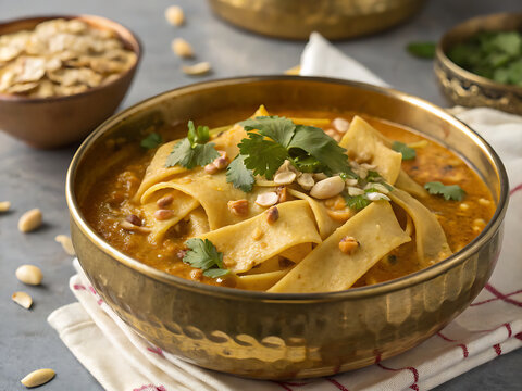 Traditional Indian Dal Dhokli, Gujarati wheat dumpling strips simmered in spiced lentil curry, peanuts and coriander, brass bowl.