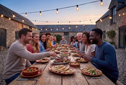 Community Sharing Meal Together at Long Table During Eid Gathering