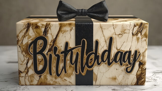 Birthday cake box with marble pattern black ribbon elegant bow hyper realistic style luxury gift celebration festive decorative unique design cheerful mood