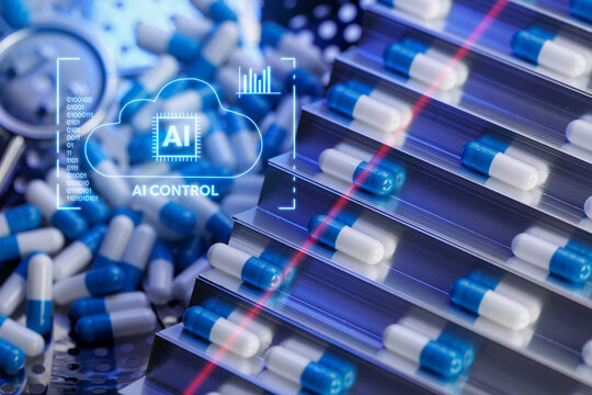 Multiple blue and white capsules on metal trays and scattered pills for production. Pharmaceutical plant with AI technology assistant for monitoring and control quality