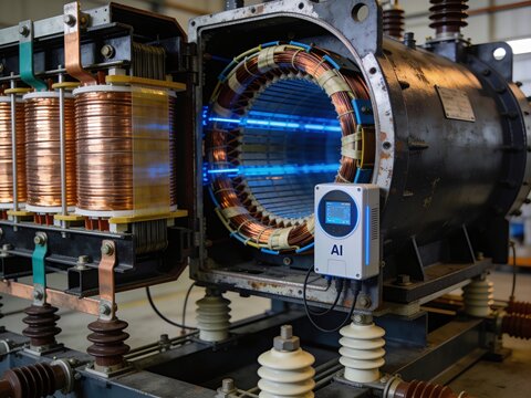 Large industrial transformer and coil assembly featuring copper windings, blue illuminated core, ceramic insulators, metal frame, wiring harness, and control