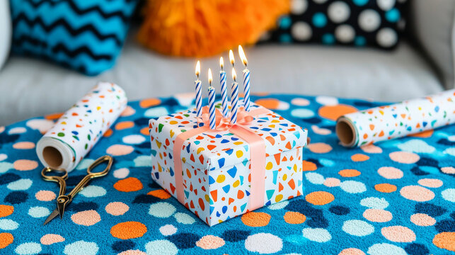 Gift box birthday candle celebration wrapping paper ribbon festive colorful polka dot table joyful party surprise present home interior blue orange pattern flame cozy cheerful decorative event