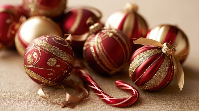 Red and gold Christmas ornaments alongside a candy cane, creating a festive holiday decoration scene.