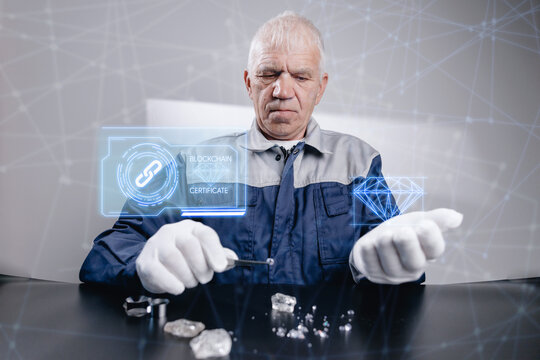 Senior gem appraiser AI inspecting diamonds with blockchain certificate hologram for certification background and laboratory