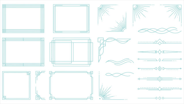 Minimalist cyan blue fine line art decorative border and modern geometric pattern frame set