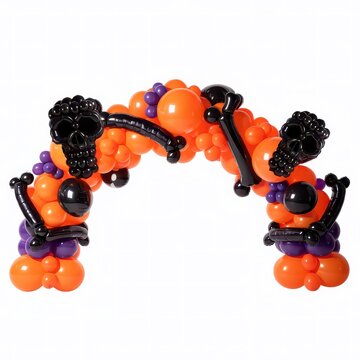 Halloween party balloon arch made of orange and black balloons with skull and bone accents