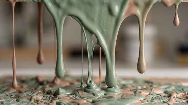 viscous paint drip texture, muted sage and clay tones, slow motion capture 