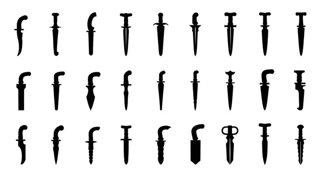 Collection of black knife silhouettes on white background