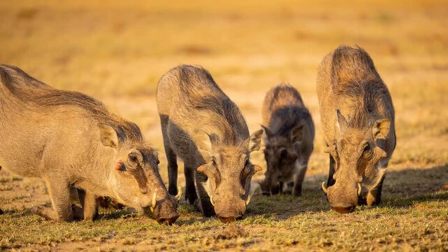 Small family of wild warthogs grazing peacefully together on dry grass in the evening light