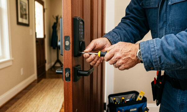 A close-up of a person installing a modern electronic door lock on a wooden front door using a screwdriver. A toolbox sits in the background.