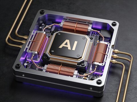 Close-up view of square processor module embedded in metallic enclosure with multiple copper inductors, purple LED illumination, gold pipes