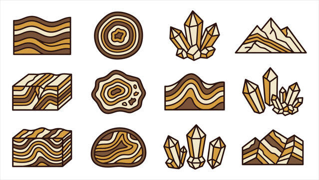 Retro monoline geological rock strata and linear earth layer vector icon set