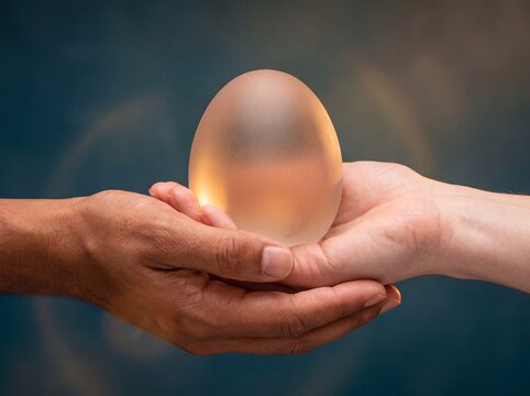 Hands egg orb unity trust diversity healing support connection care. Contrasting hands cradle a frosted amber egg shaped sphere against dark teal symbolizing hope compassion and human unity
