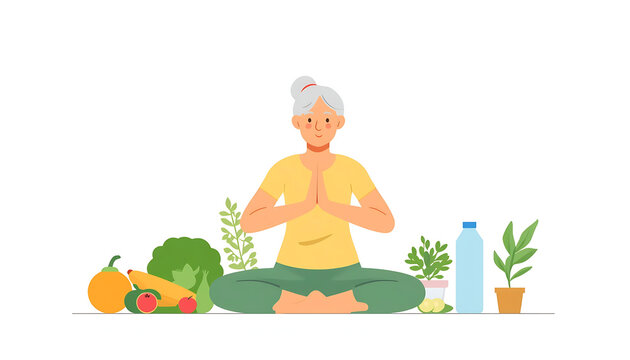 Vector-style illustration of an elderly woman with a healthy lifestyle.
