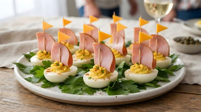 Deviled eggs shaped like sailboat appetizers decorated with ham sails and cheese flags on a plate
