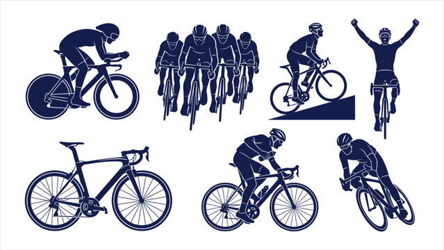 Road cycling peloton race and high performance competitive bicycle athlete silhouette vector set.