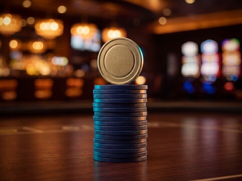 Casino chips stacks token gold black teal gambling betting nightlife. Dark chip piles support a blank golden token under warm bokeh for premium casino promotions about wagers risk and winning