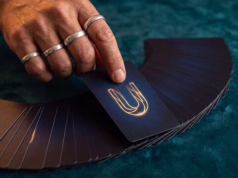 Tarot cards hand rings fan velvet teal divination reading mystical. A ringed hand spreads a deck across rich fabric for psychic consultation spiritual guidance and elegant occult storytelling