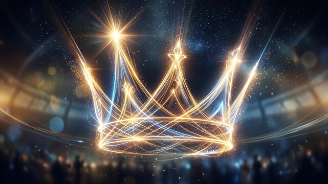 Glistening royal crown made of gold and blue light streaks with sparkling particles and bokeh effects