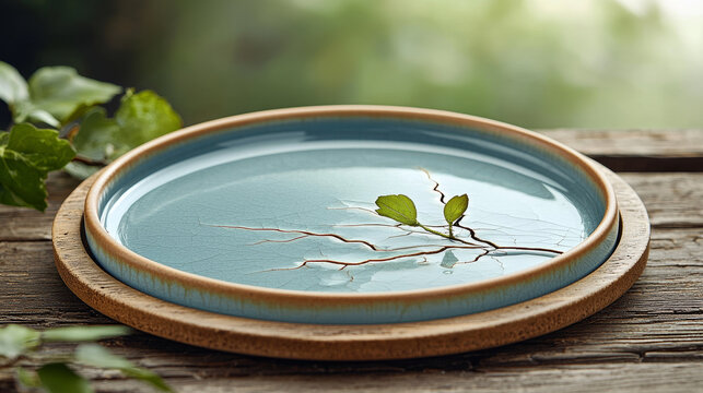 Blue ceramic plate with high contrast cracking pattern green leaf wooden table natural light rustic style peaceful mood outdoor setting shallow depth of field