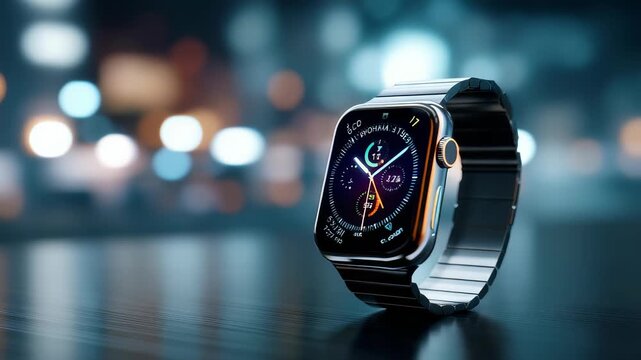 Modern smart watch with vibrant digital interface displayed on a sleek reflective surface in a cityscape at night. Futuristic wearable technology blends innovation and style seamlessly