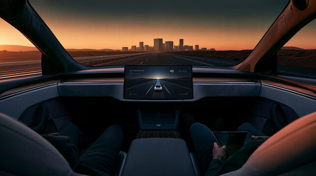 Autonomous Car Interior Approaching a City at Sunset