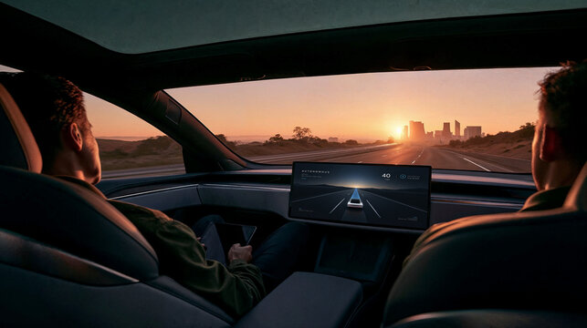 Two Passengers Relax in an AI Self-Driving Car at Sunset