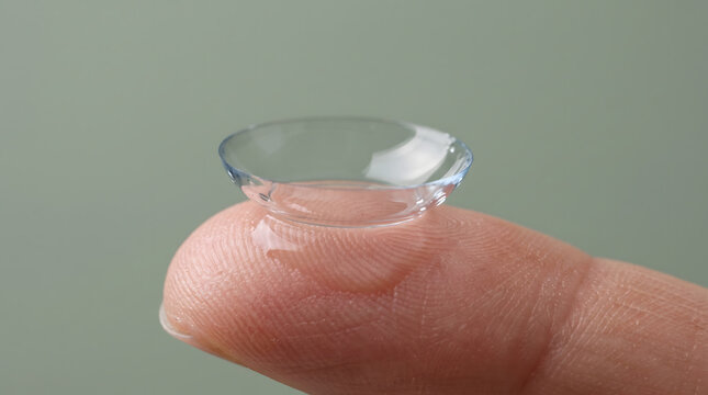 A close-up shot of a clear, soft contact lens delicately balanced on a human fingertip, prepared for insertion. This image emphasizes precision in vision correction and the importance of daily eye...
