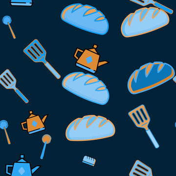 Seamless pattern of kitchen utensils and bread