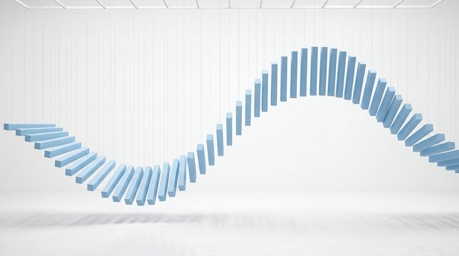Floating slats wave pale blue abstract sculpture geometric minimal modern. Pale blue rectangular slats float in a smooth sinusoidal wave for commercial advertising design branding technology