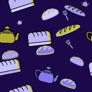 Seamless pattern of bread, teapots, and spatulas